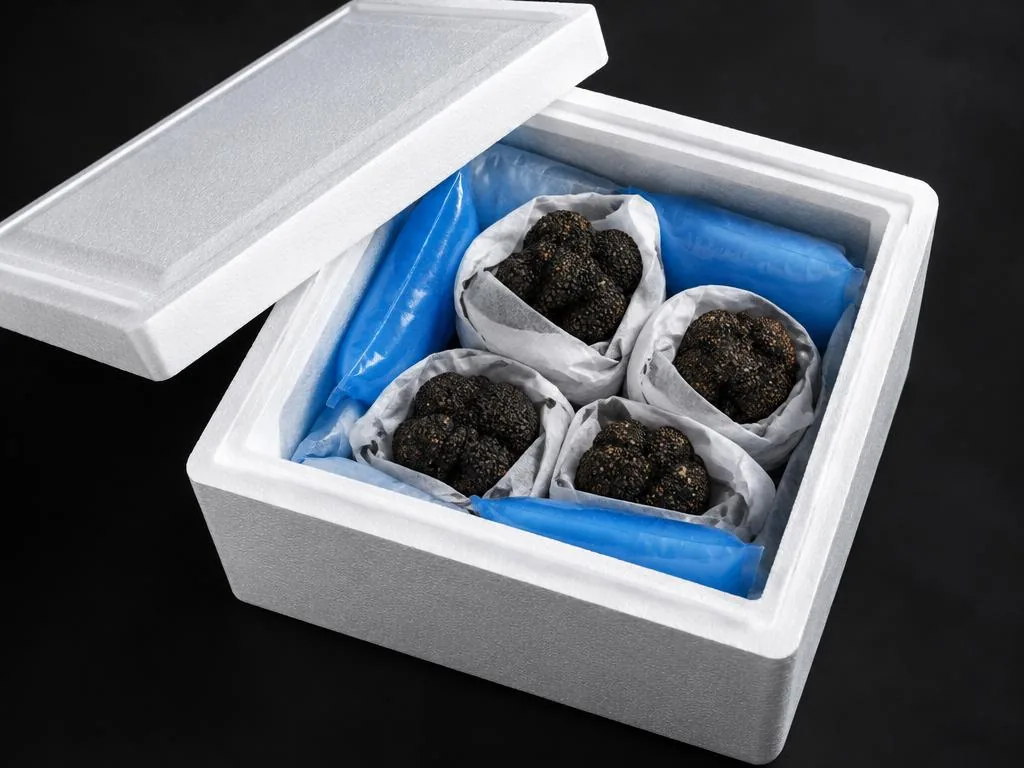 Isothermal shipping box with ice packs and wrapped truffles
