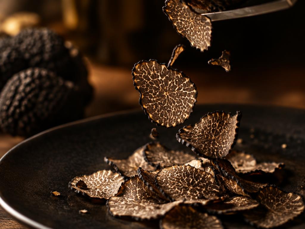 Black truffle shavings falling onto a dark plate