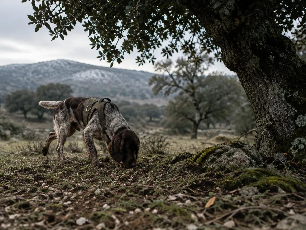 Truffle farm visit with a working dog beneath an oak in Teruel