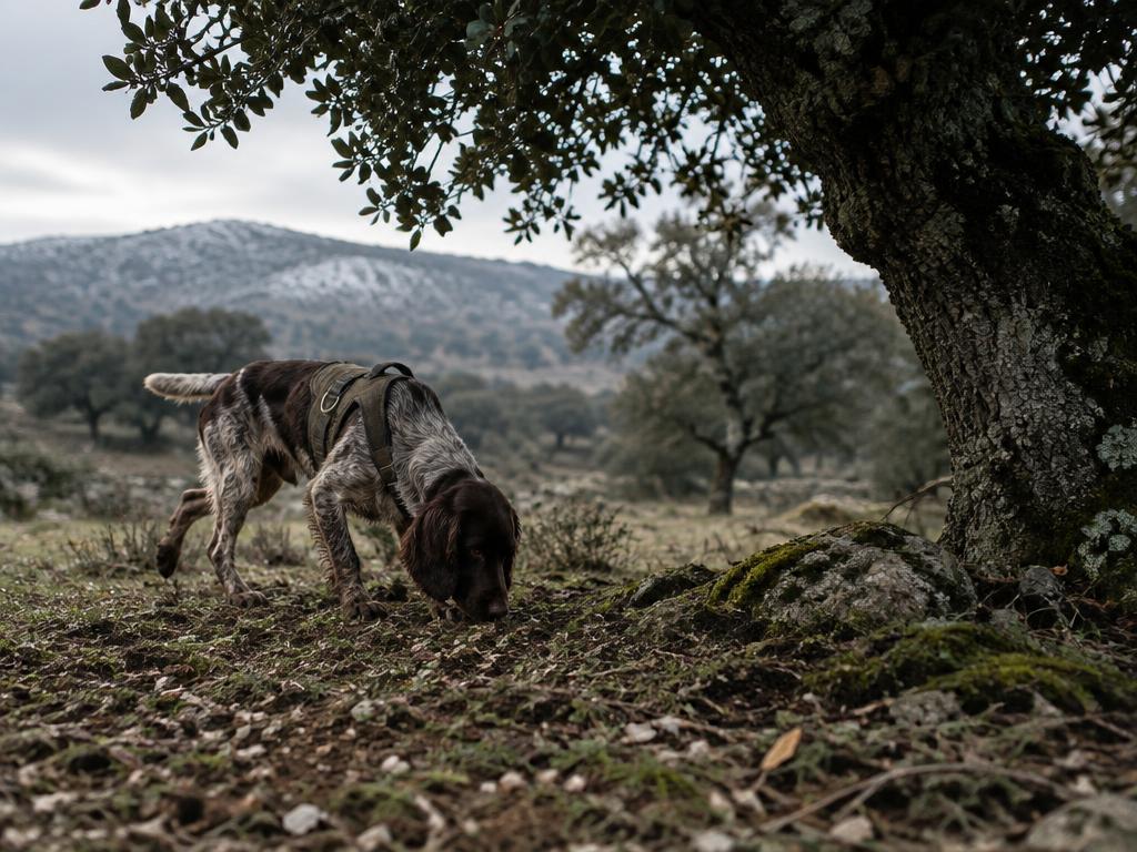 Trained truffle dog searching beneath a holm oak on a Teruel farm