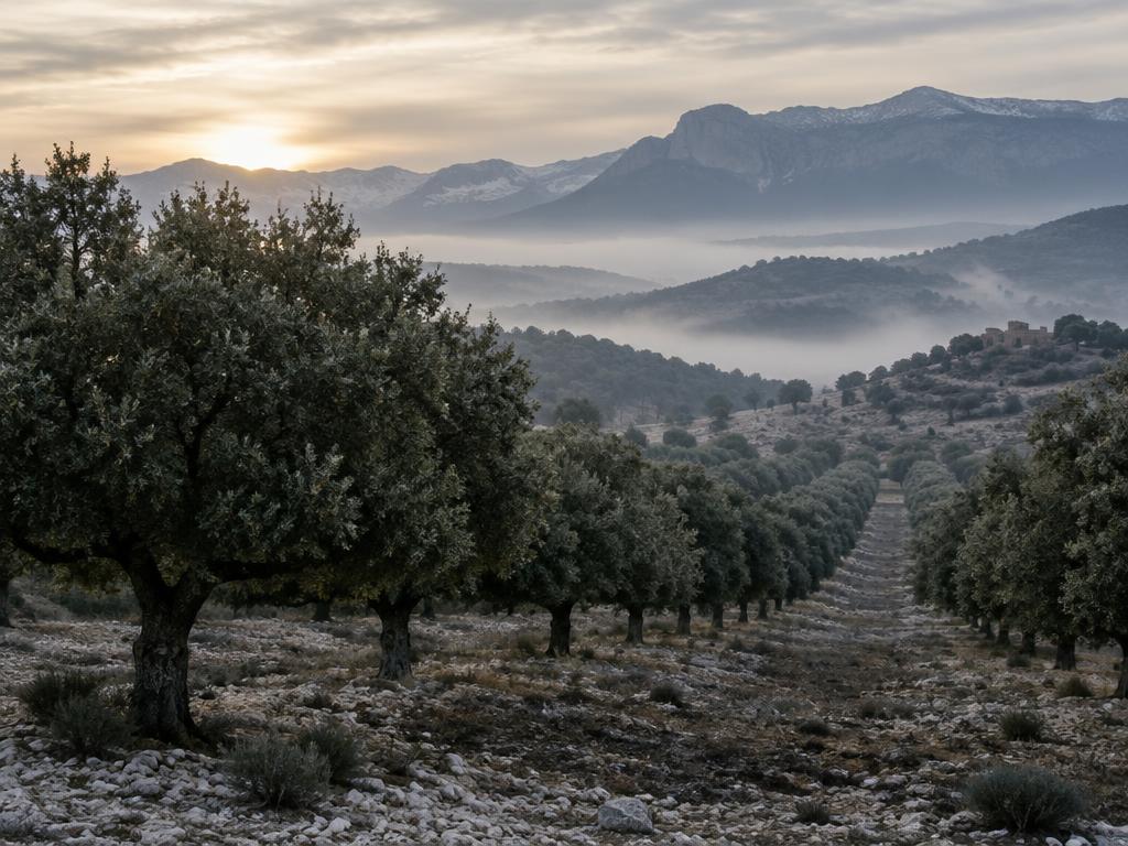 Holm oak truffle orchard in Teruel at dawn, mountains behind