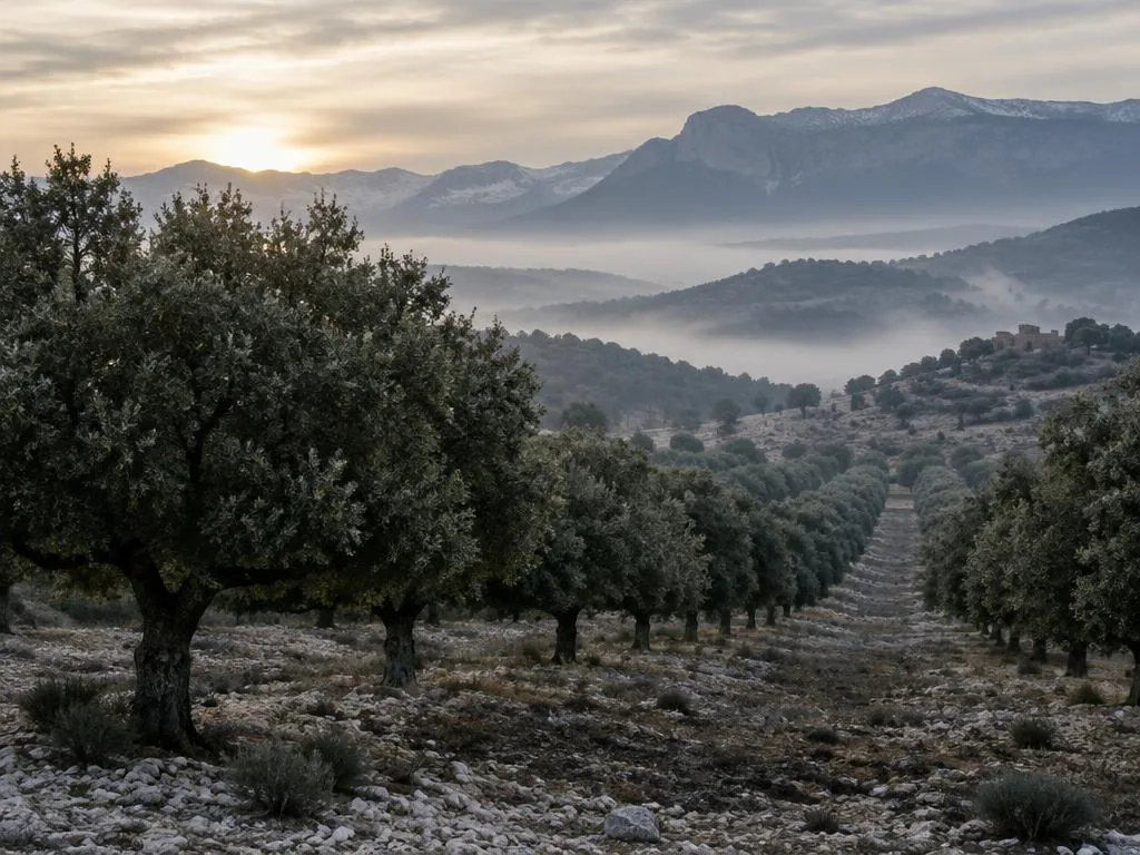 Holm oak truffle orchard in Teruel at dawn, mountains behind