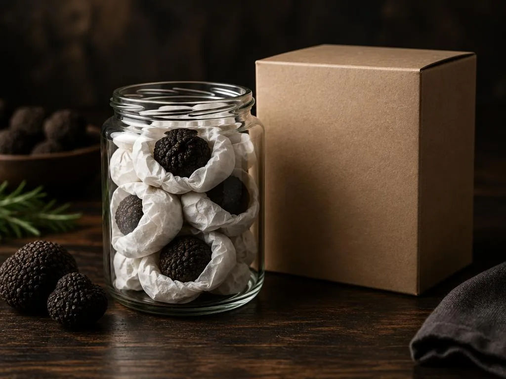 Fresh truffles wrapped in paper inside a glass jar