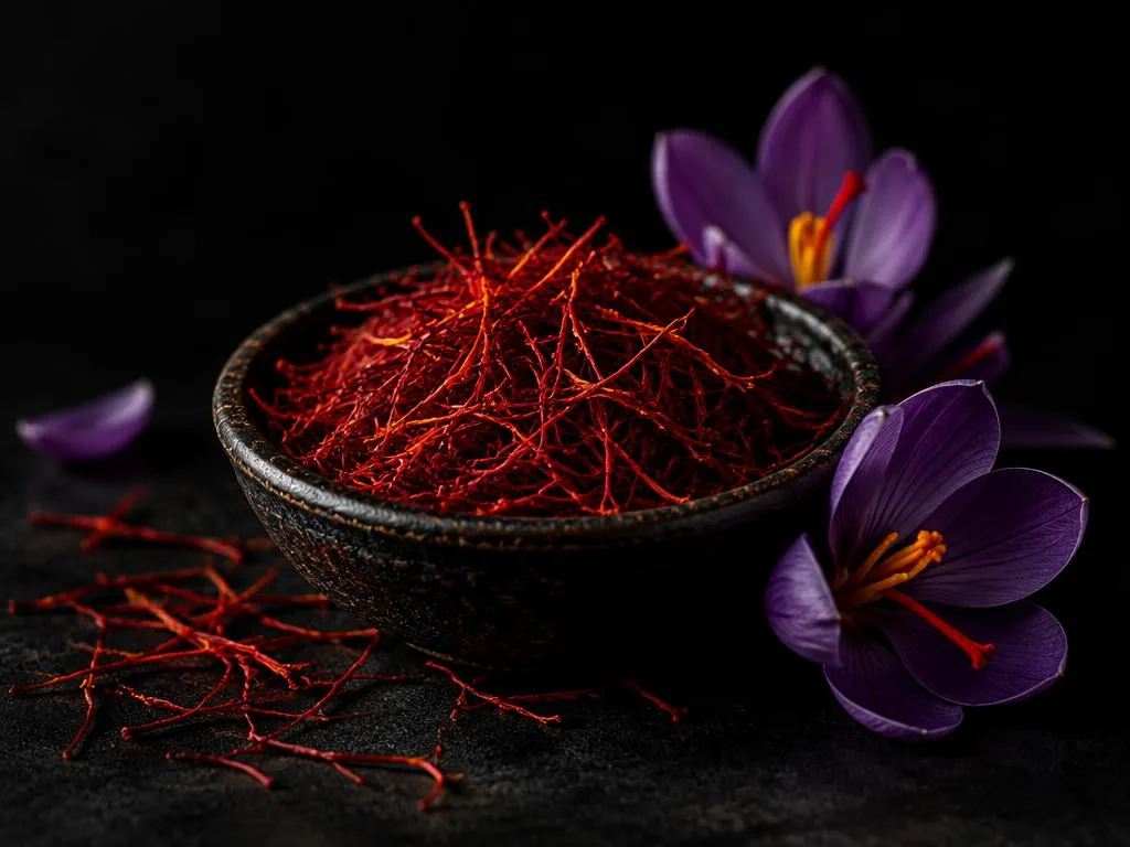 Deep red saffron threads in a dark dish beside purple crocus flowers